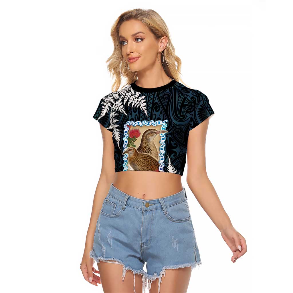 New Zealand Weka Raglan Cropped T Shirt Maori Hen Koru Pattern LT05 Female Black - Polynesian Pride