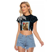 New Zealand Weka Raglan Cropped T Shirt Maori Hen Koru Pattern LT05 Female Black - Polynesian Pride