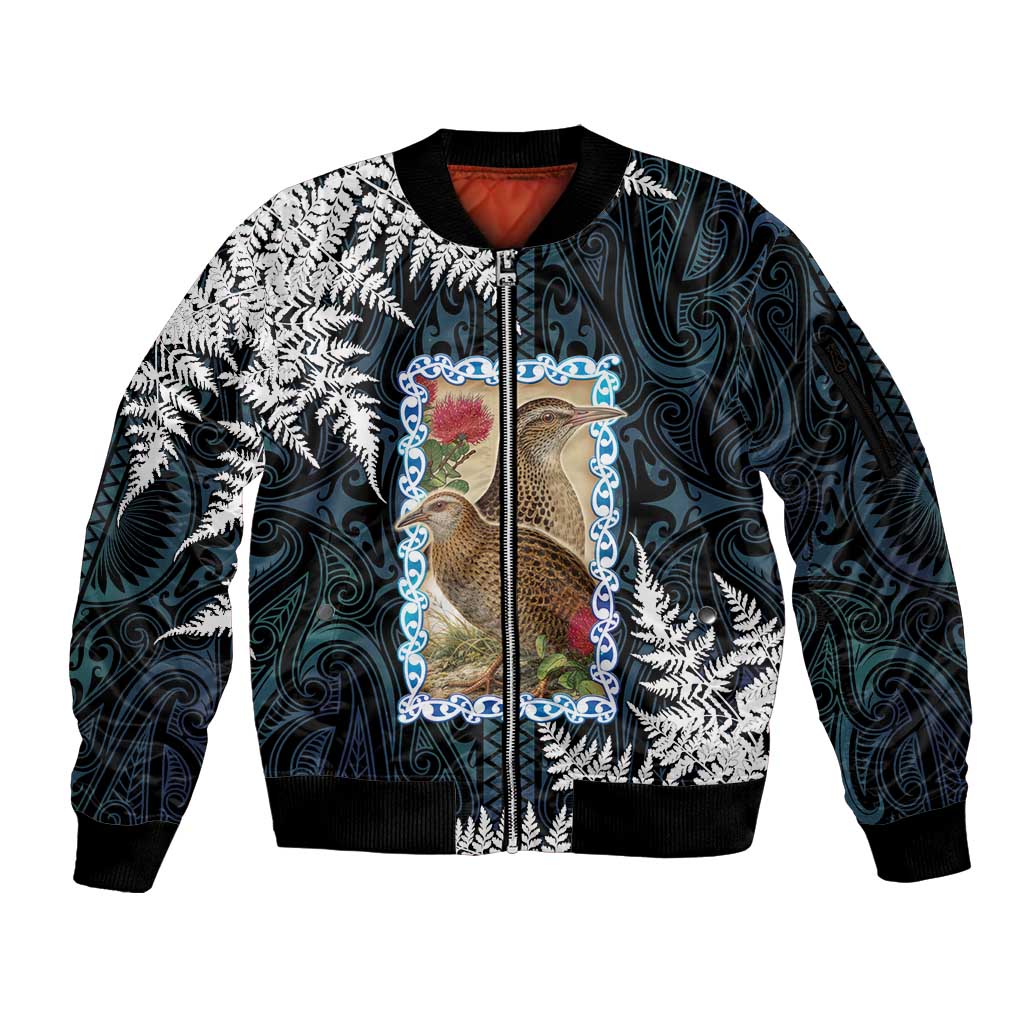 New Zealand Weka Sleeve Zip Bomber Jacket Maori Hen Koru Pattern LT05 Unisex Black - Polynesian Pride