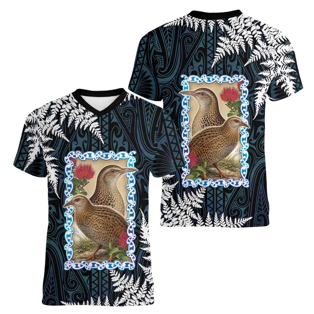 New Zealand Weka Women V-Neck T-Shirt Maori Hen Koru Pattern LT05 - Polynesian Pride