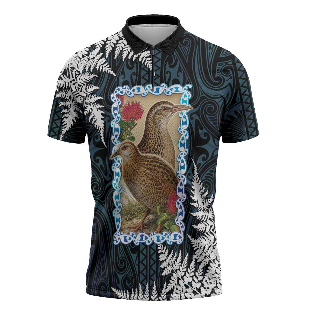 New Zealand Weka Zipper Polo Shirt Maori Hen Koru Pattern LT05 Black - Polynesian Pride