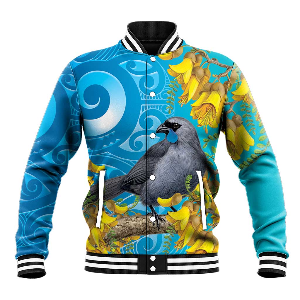 New Zealand Kokako Bird Baseball Jacket Maori Koru With Kowhai Flowers LT05 Unisex Aqua - Polynesian Pride