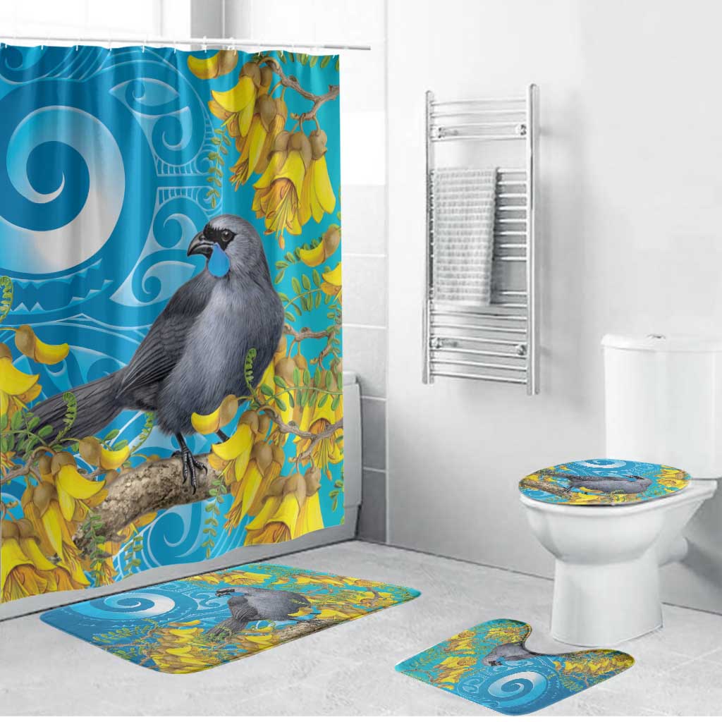 New Zealand Kokako Bird Bathroom Set Maori Koru With Kowhai Flowers LT05 Bathroom Set (4 pcs) Aqua - Polynesian Pride