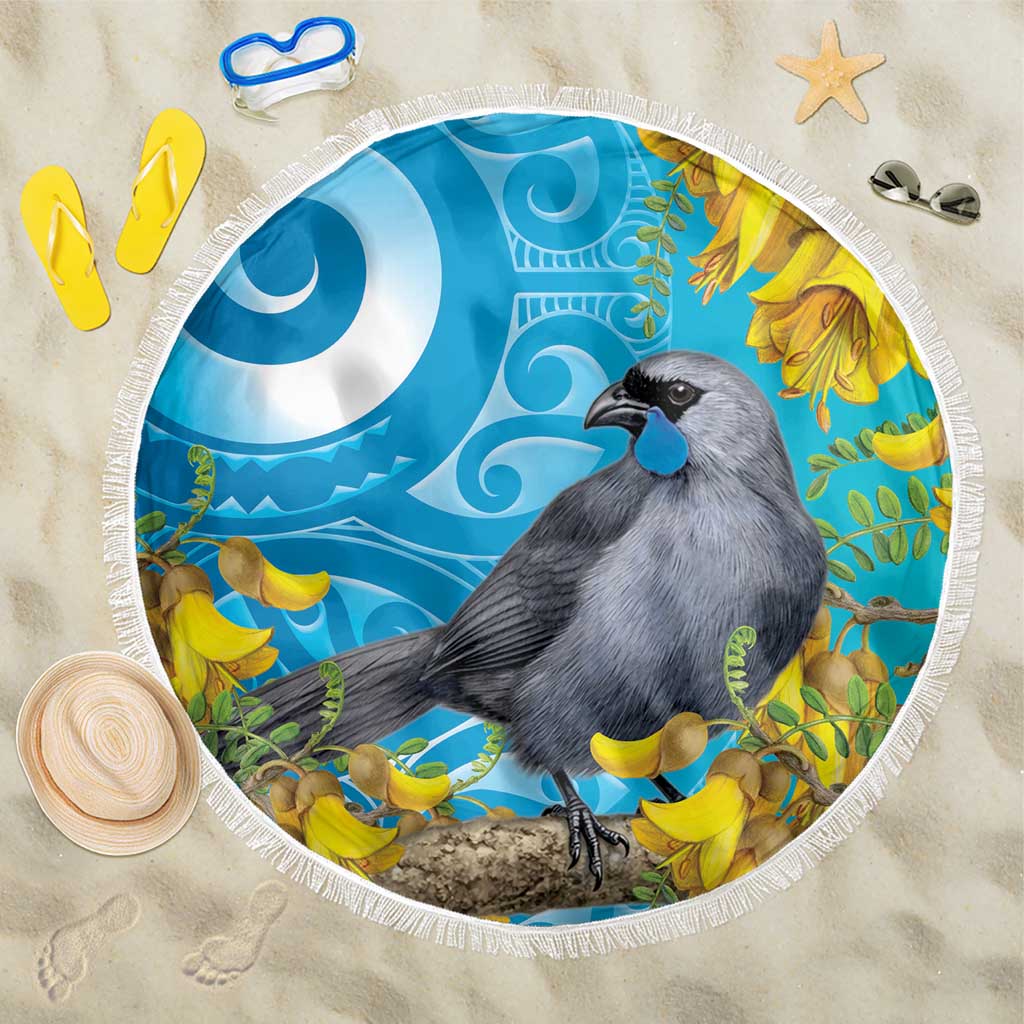 New Zealand Kokako Bird Beach Blanket Maori Koru With Kowhai Flowers - Polynesian Pride