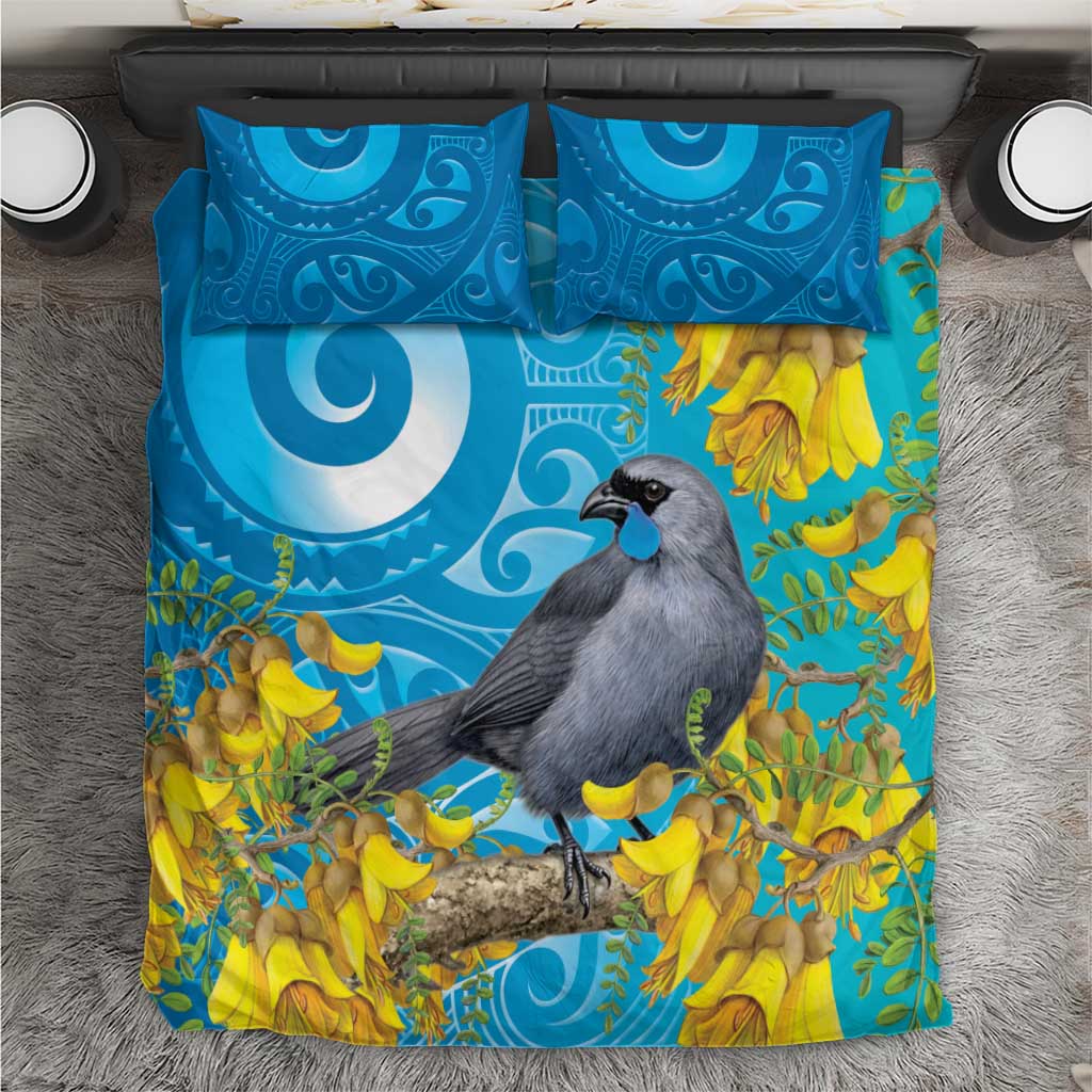 New Zealand Kokako Bird Bedding Set Maori Koru With Kowhai Flowers LT05 Aqua - Polynesian Pride