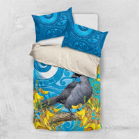 New Zealand Kokako Bird Bedding Set Maori Koru With Kowhai Flowers LT05 US Twin 172cm x 218cm Aqua - Polynesian Pride