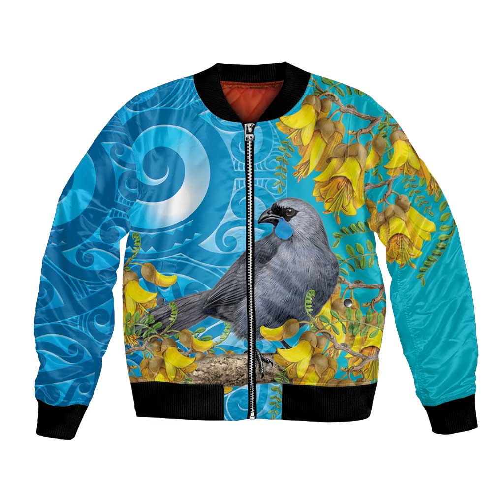 New Zealand Kokako Bird Bomber Jacket Maori Koru With Kowhai Flowers LT05 Unisex Aqua - Polynesian Pride