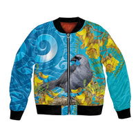 New Zealand Kokako Bird Bomber Jacket Maori Koru With Kowhai Flowers LT05 Unisex Aqua - Polynesian Pride