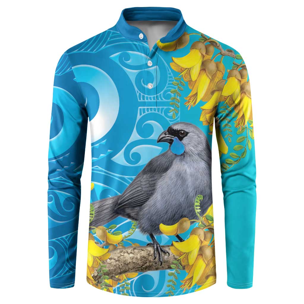 New Zealand Kokako Bird Button Sweatshirt Maori Koru With Kowhai Flowers LT05 Aqua - Polynesian Pride