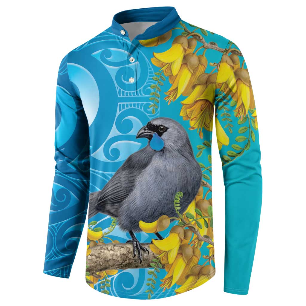 New Zealand Kokako Bird Button Sweatshirt Maori Koru With Kowhai Flowers LT05 - Polynesian Pride