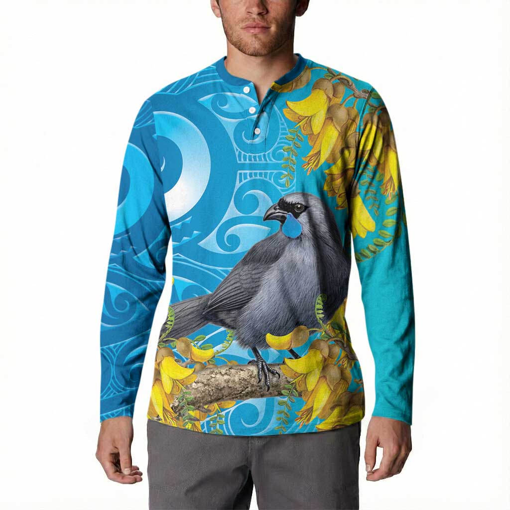 New Zealand Kokako Bird Button Sweatshirt Maori Koru With Kowhai Flowers LT05 - Polynesian Pride