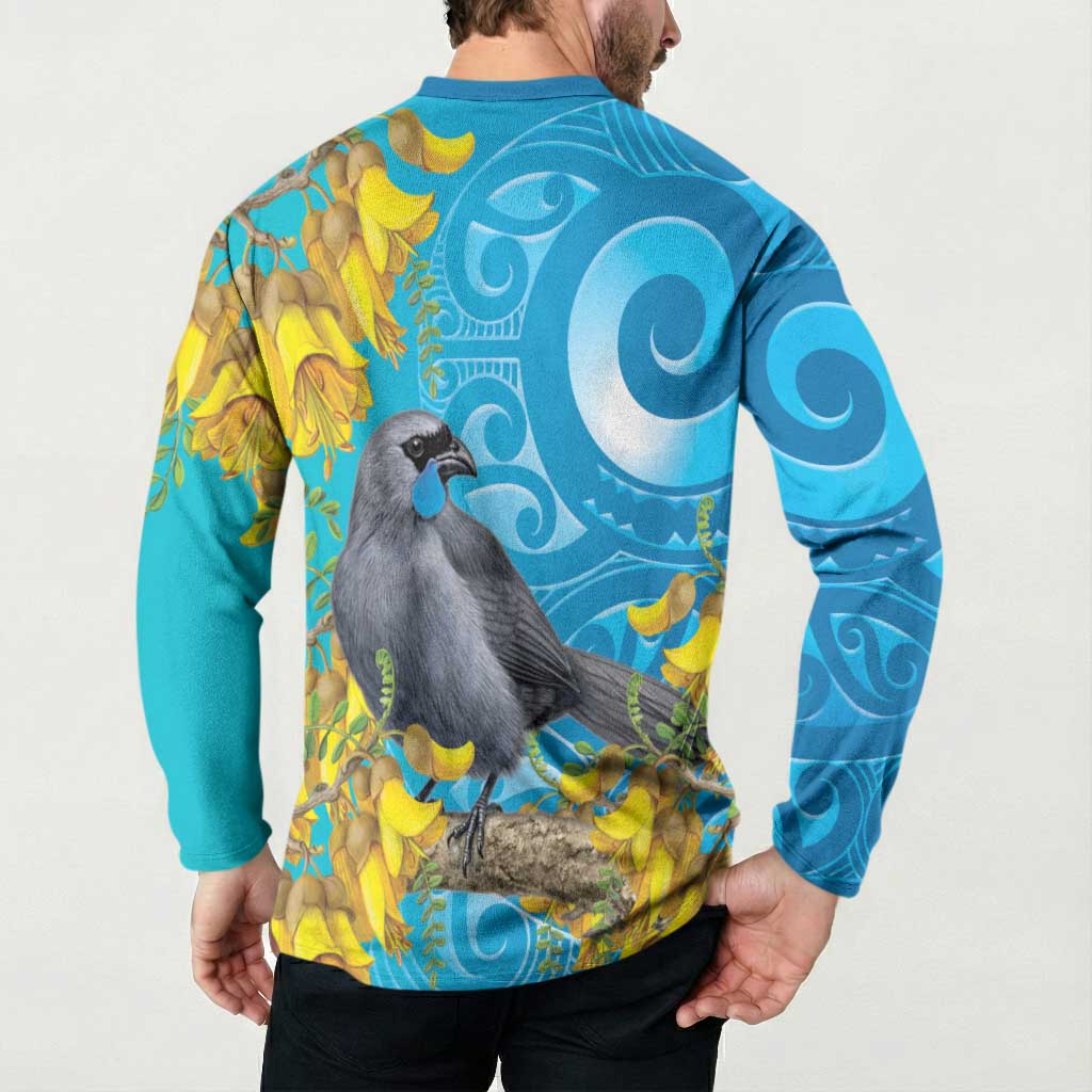 New Zealand Kokako Bird Button Sweatshirt Maori Koru With Kowhai Flowers LT05 - Polynesian Pride