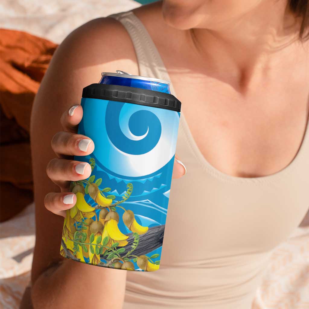 New Zealand Kokako Bird 4 in 1 Can Cooler Tumbler Maori Koru With Kowhai Flowers - Polynesian Pride