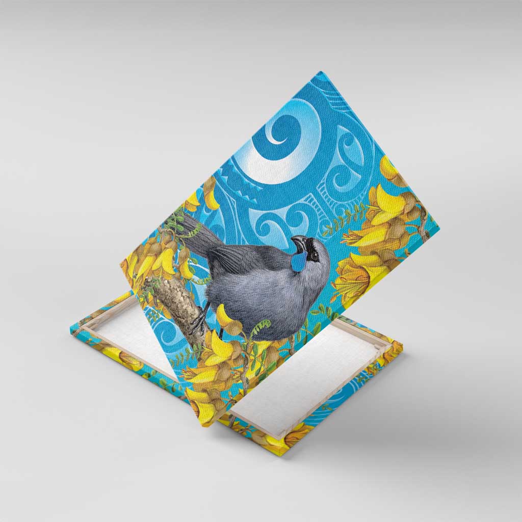 New Zealand Kokako Bird Canvas Wall Art Maori Koru With Kowhai Flowers LT05 With Frame Aqua - Polynesian Pride