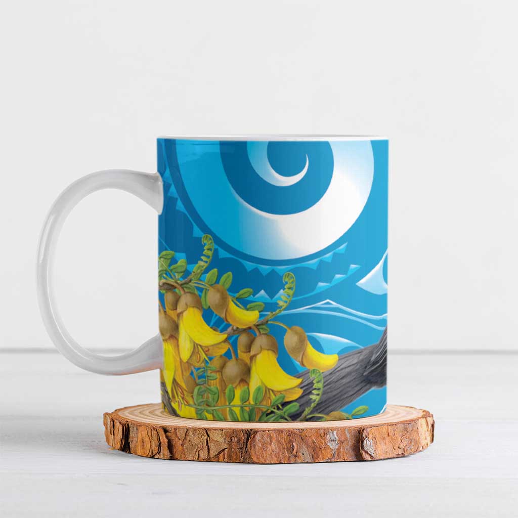 New Zealand Kokako Bird Ceramic Mug Maori Koru With Kowhai Flowers LT05 Aqua - Polynesian Pride