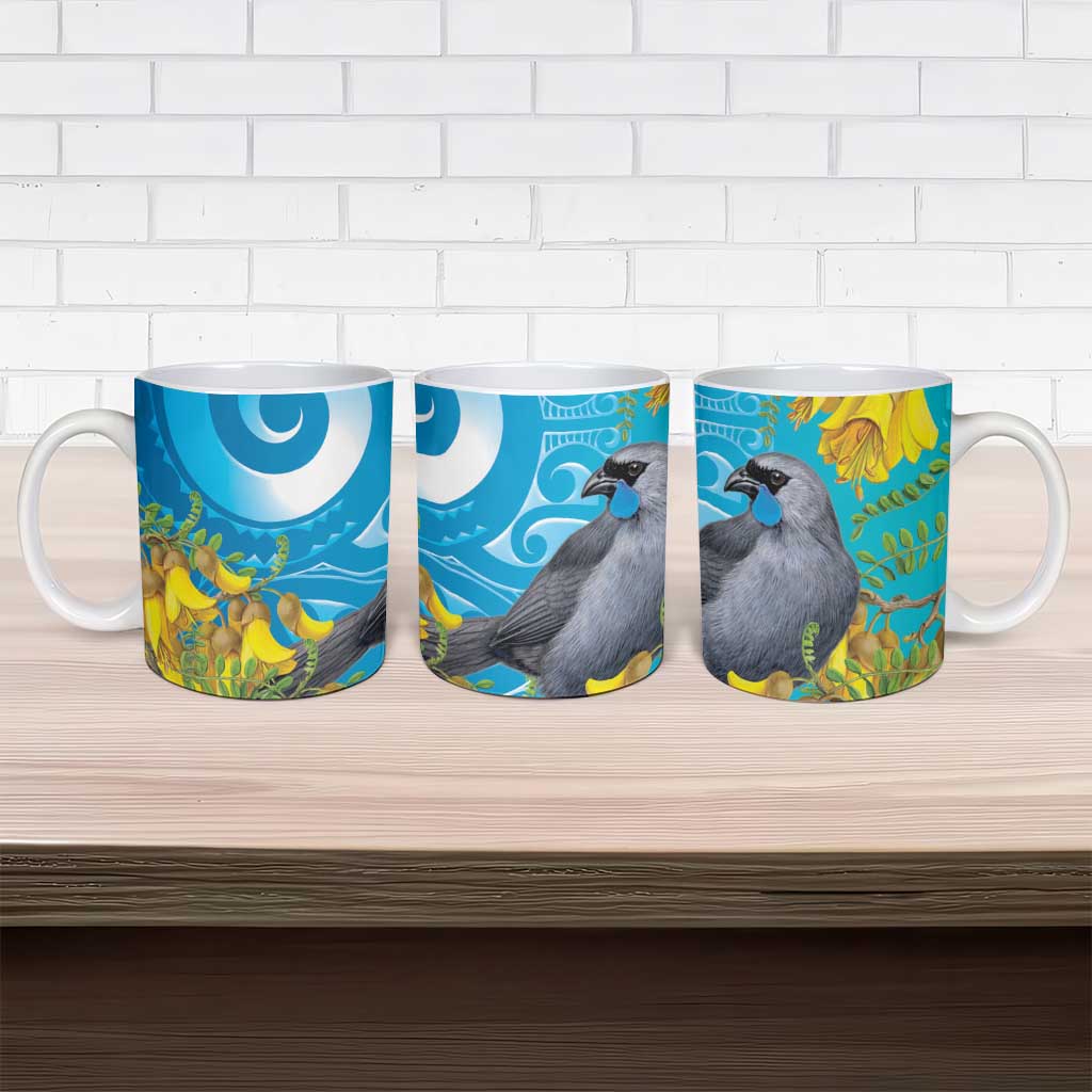 New Zealand Kokako Bird Ceramic Mug Maori Koru With Kowhai Flowers LT05 - Polynesian Pride
