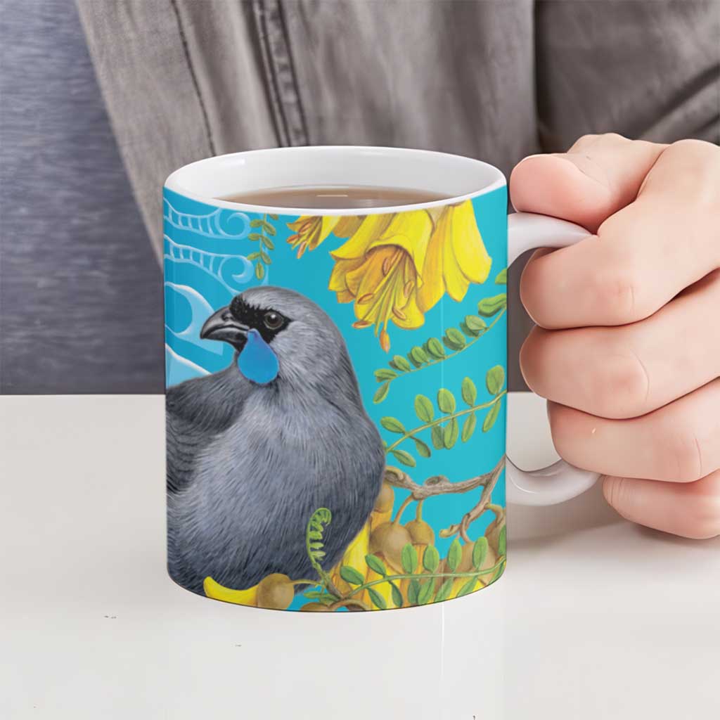New Zealand Kokako Bird Ceramic Mug Maori Koru With Kowhai Flowers LT05 - Polynesian Pride