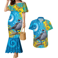 New Zealand Kokako Bird Couples Matching Mermaid Dress and Hawaiian Shirt Maori Koru With Kowhai Flowers - Polynesian Pride