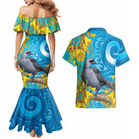 New Zealand Kokako Bird Couples Matching Mermaid Dress and Hawaiian Shirt Maori Koru With Kowhai Flowers - Polynesian Pride