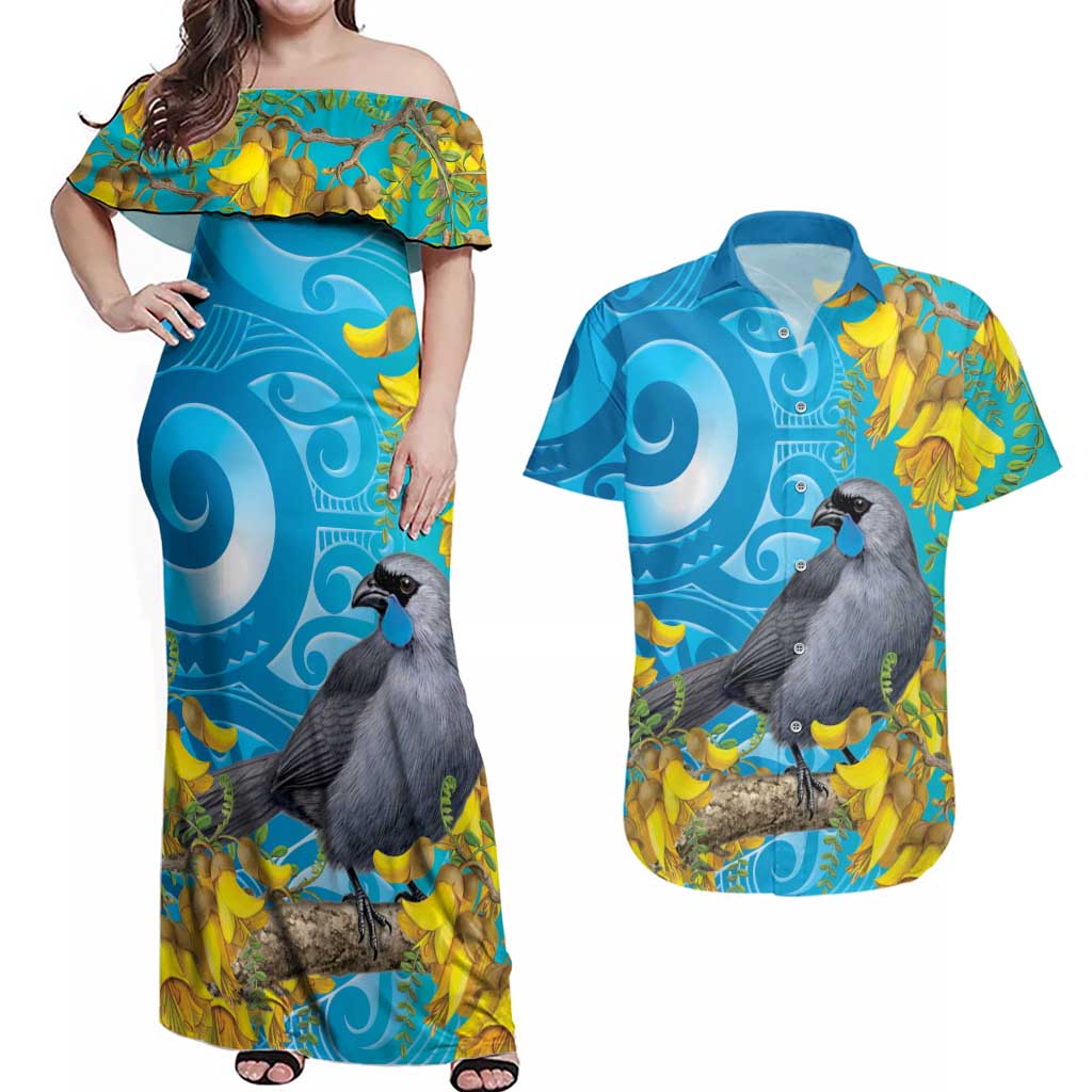 New Zealand Kokako Bird Couples Matching Off Shoulder Maxi Dress and Hawaiian Shirt Maori Koru With Kowhai Flowers LT05 Aqua - Polynesian Pride