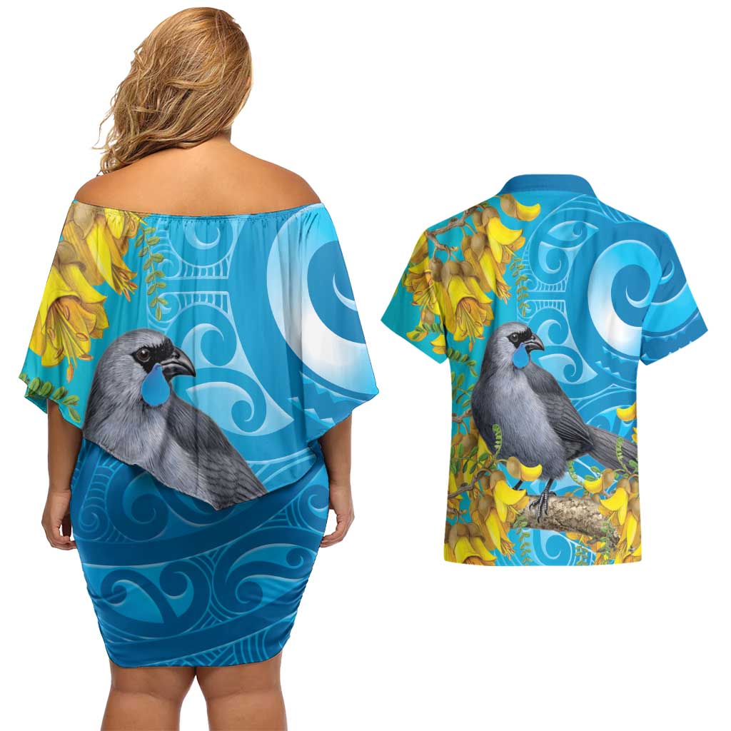 New Zealand Kokako Bird Couples Matching Off Shoulder Short Dress and Hawaiian Shirt Maori Koru With Kowhai Flowers - Polynesian Pride