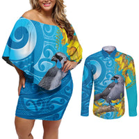 New Zealand Kokako Bird Couples Matching Off Shoulder Short Dress and Long Sleeve Button Shirt Maori Koru With Kowhai Flowers - Polynesian Pride