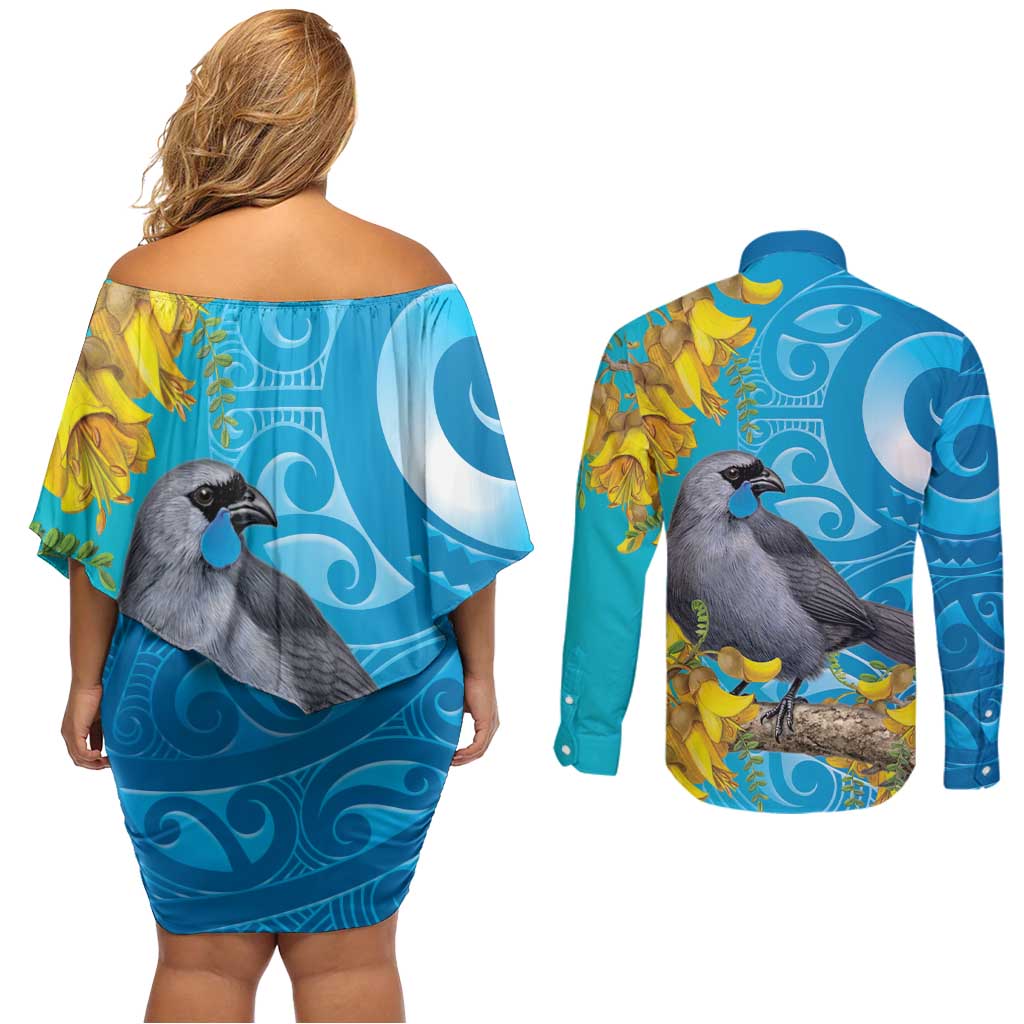 New Zealand Kokako Bird Couples Matching Off Shoulder Short Dress and Long Sleeve Button Shirt Maori Koru With Kowhai Flowers - Polynesian Pride