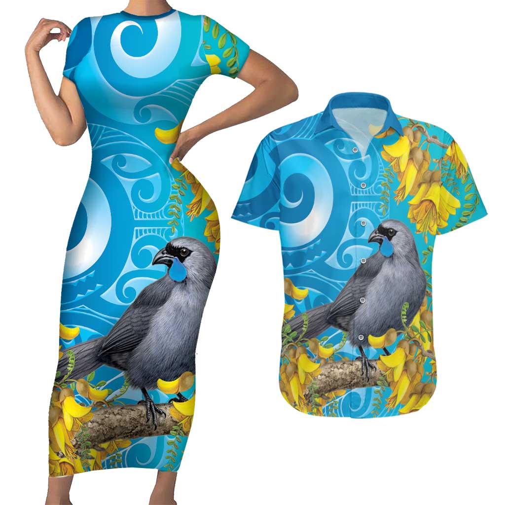 New Zealand Kokako Bird Couples Matching Short Sleeve Bodycon Dress and Hawaiian Shirt Maori Koru With Kowhai Flowers LT05 Aqua - Polynesian Pride
