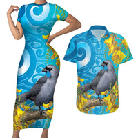 New Zealand Kokako Bird Couples Matching Short Sleeve Bodycon Dress and Hawaiian Shirt Maori Koru With Kowhai Flowers - Polynesian Pride