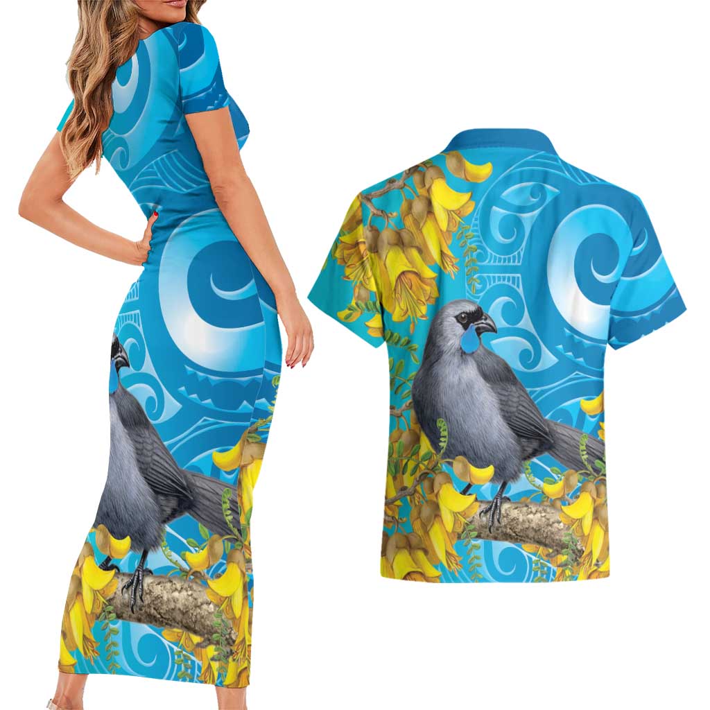 New Zealand Kokako Bird Couples Matching Short Sleeve Bodycon Dress and Hawaiian Shirt Maori Koru With Kowhai Flowers - Polynesian Pride