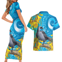 New Zealand Kokako Bird Couples Matching Short Sleeve Bodycon Dress and Hawaiian Shirt Maori Koru With Kowhai Flowers - Polynesian Pride