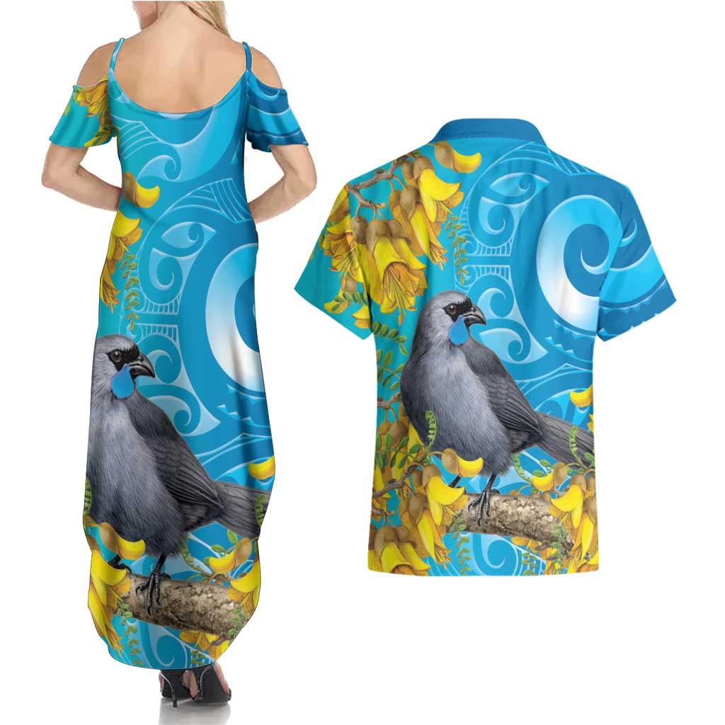 New Zealand Kokako Bird Couples Matching Summer Maxi Dress and Hawaiian Shirt Maori Koru With Kowhai Flowers - Polynesian Pride