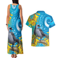 New Zealand Kokako Bird Couples Matching Tank Maxi Dress and Hawaiian Shirt Maori Koru With Kowhai Flowers - Polynesian Pride