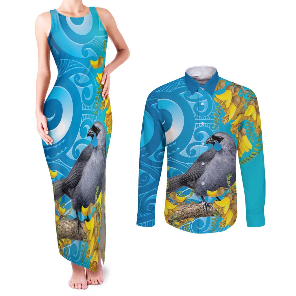 New Zealand Kokako Bird Couples Matching Tank Maxi Dress and Long Sleeve Button Shirt Maori Koru With Kowhai Flowers - Polynesian Pride