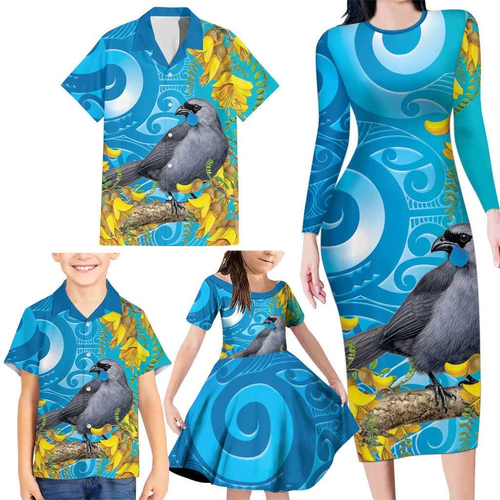 New Zealand Kokako Bird Family Matching Long Sleeve Bodycon Dress and Hawaiian Shirt Maori Koru With Kowhai Flowers - Polynesian Pride