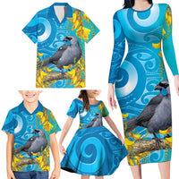 New Zealand Kokako Bird Family Matching Long Sleeve Bodycon Dress and Hawaiian Shirt Maori Koru With Kowhai Flowers - Polynesian Pride