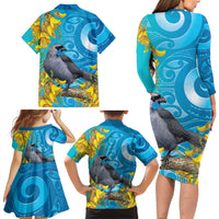 New Zealand Kokako Bird Family Matching Long Sleeve Bodycon Dress and Hawaiian Shirt Maori Koru With Kowhai Flowers - Polynesian Pride