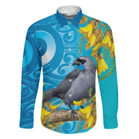 New Zealand Kokako Bird Family Matching Long Sleeve Bodycon Dress and Hawaiian Shirt Maori Koru With Kowhai Flowers - Polynesian Pride