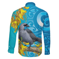 New Zealand Kokako Bird Family Matching Long Sleeve Bodycon Dress and Hawaiian Shirt Maori Koru With Kowhai Flowers - Polynesian Pride