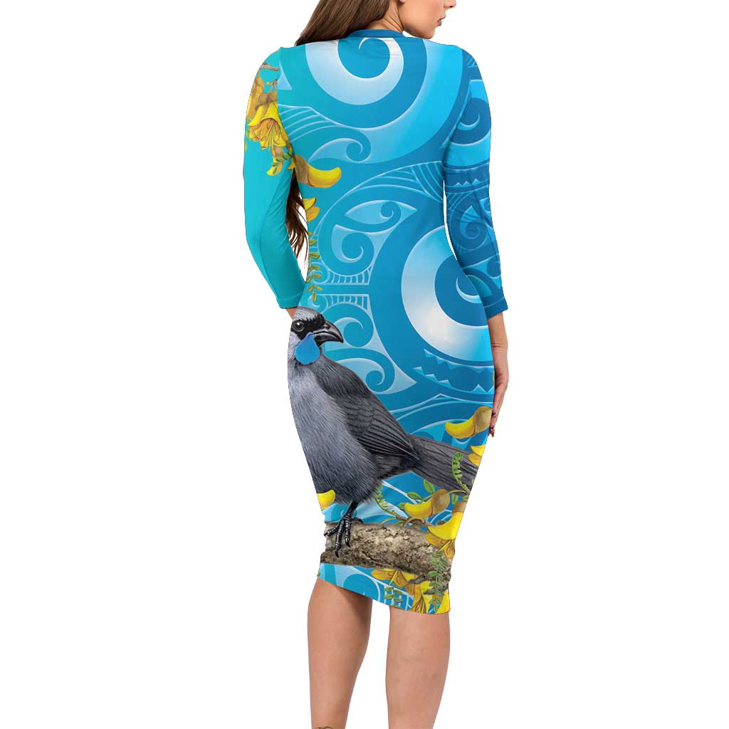 New Zealand Kokako Bird Family Matching Long Sleeve Bodycon Dress and Hawaiian Shirt Maori Koru With Kowhai Flowers - Polynesian Pride