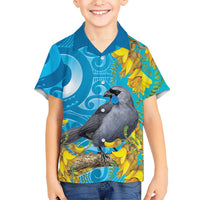 New Zealand Kokako Bird Family Matching Long Sleeve Bodycon Dress and Hawaiian Shirt Maori Koru With Kowhai Flowers - Polynesian Pride