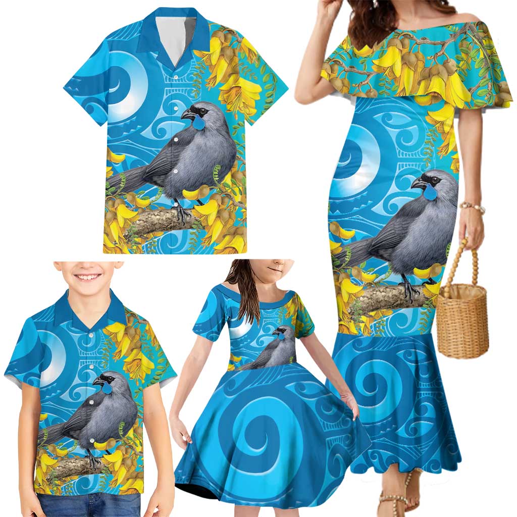 New Zealand Kokako Bird Family Matching Mermaid Dress and Hawaiian Shirt Maori Koru With Kowhai Flowers - Polynesian Pride
