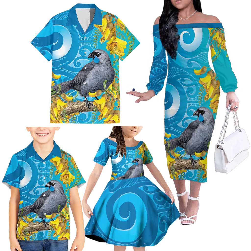 New Zealand Kokako Bird Family Matching Off The Shoulder Long Sleeve Dress and Hawaiian Shirt Maori Koru With Kowhai Flowers - Polynesian Pride