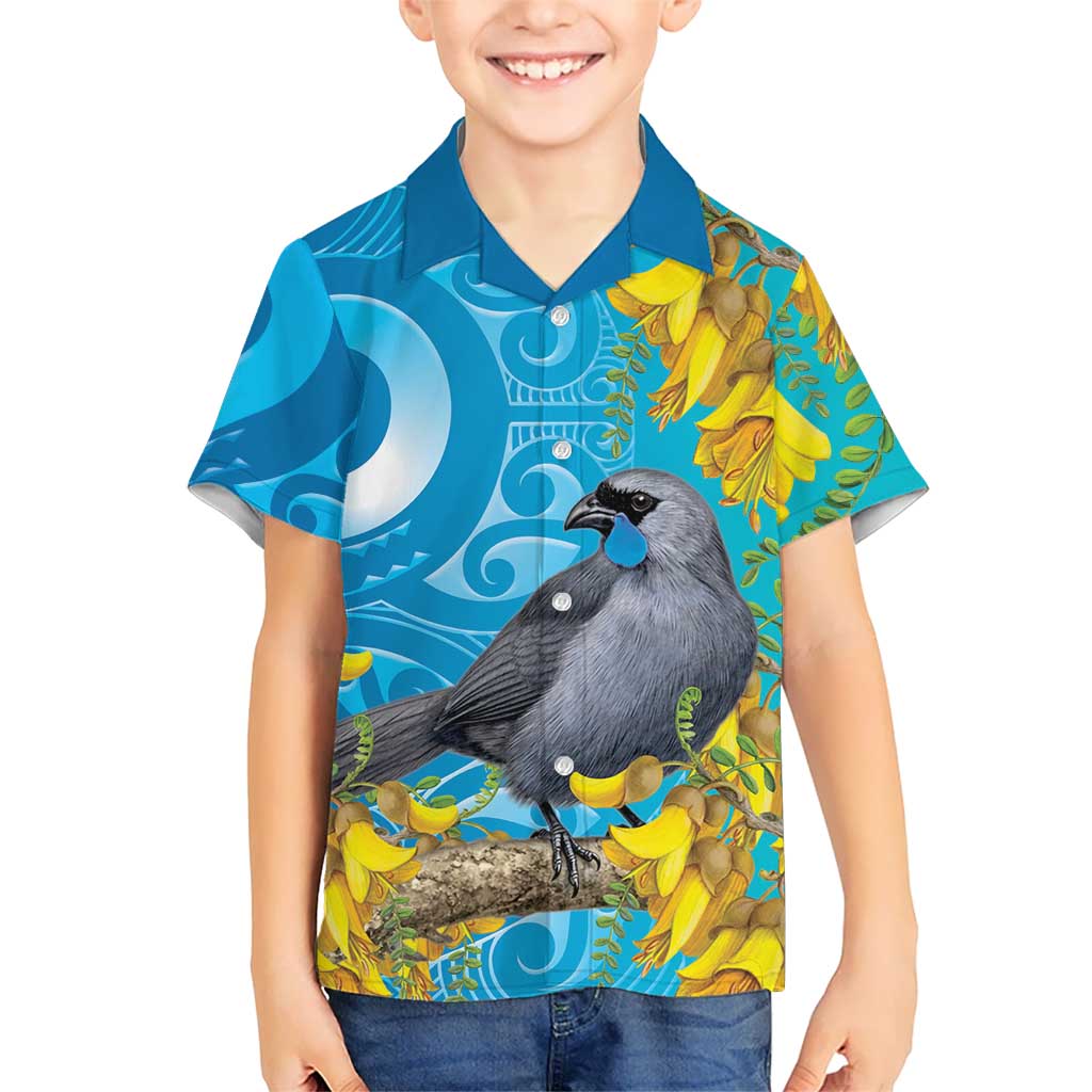 New Zealand Kokako Bird Family Matching Off The Shoulder Long Sleeve Dress and Hawaiian Shirt Maori Koru With Kowhai Flowers