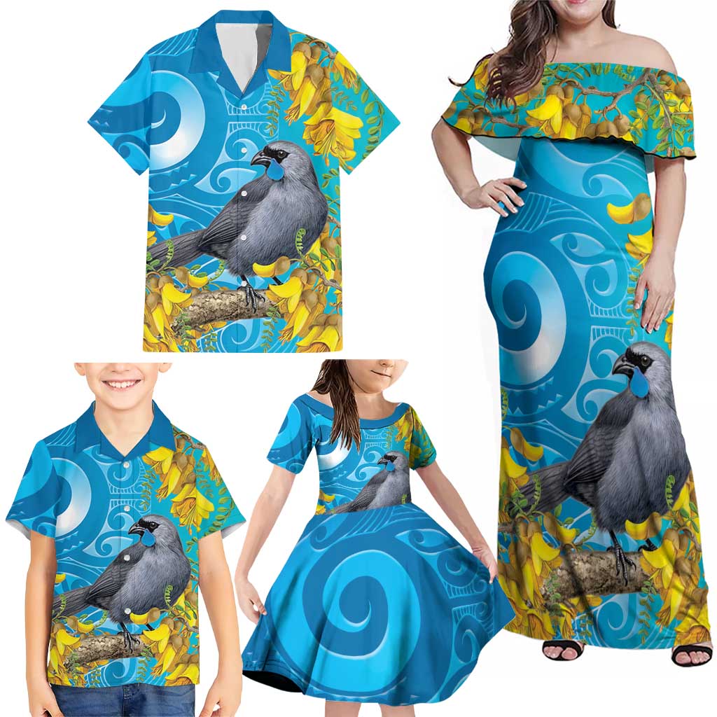 New Zealand Kokako Bird Family Matching Off Shoulder Maxi Dress and Hawaiian Shirt Maori Koru With Kowhai Flowers - Polynesian Pride