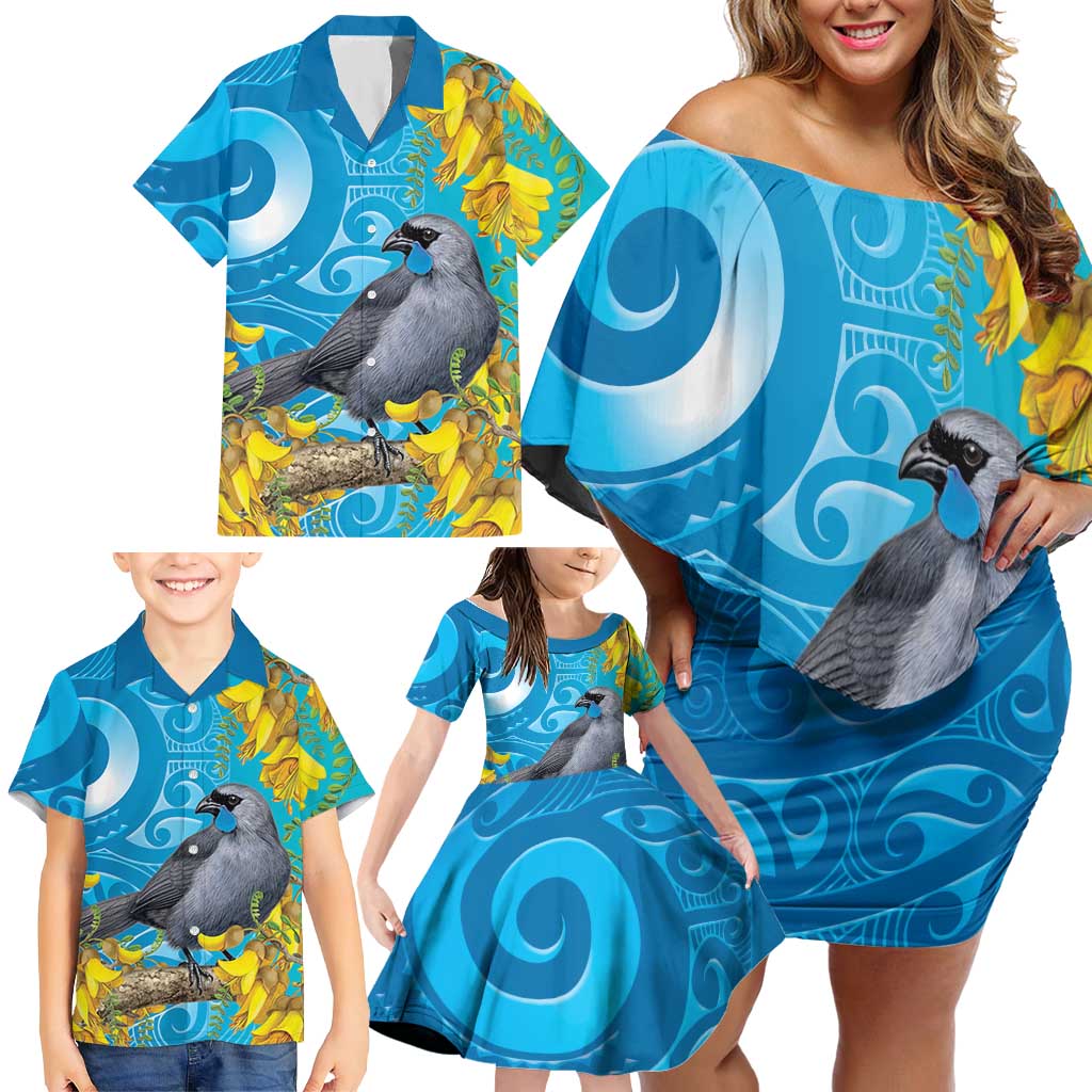 New Zealand Kokako Bird Family Matching Off Shoulder Short Dress and Hawaiian Shirt Maori Koru With Kowhai Flowers - Polynesian Pride