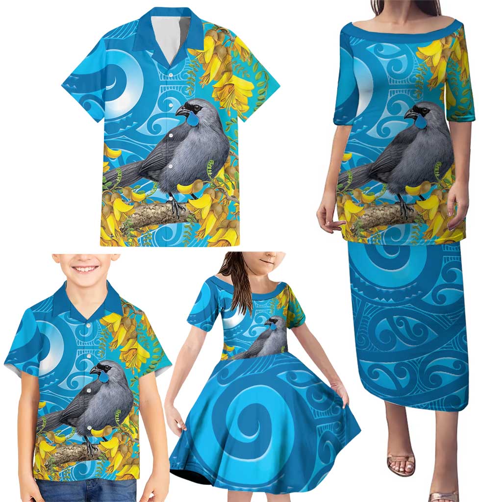 New Zealand Kokako Bird Family Matching Puletasi and Hawaiian Shirt Maori Koru With Kowhai Flowers - Polynesian Pride
