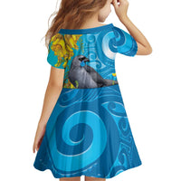 New Zealand Kokako Bird Family Matching Short Sleeve Bodycon Dress and Hawaiian Shirt Maori Koru With Kowhai Flowers