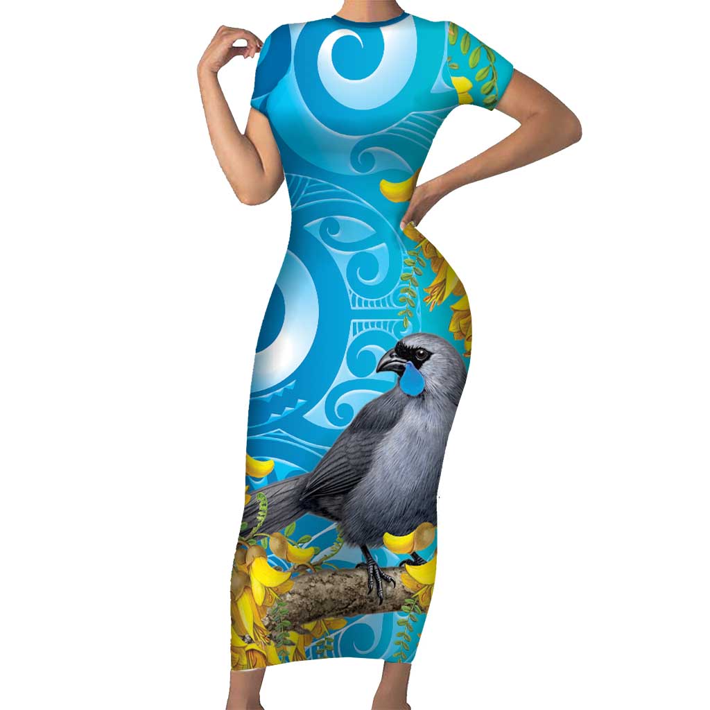 New Zealand Kokako Bird Family Matching Short Sleeve Bodycon Dress and Hawaiian Shirt Maori Koru With Kowhai Flowers