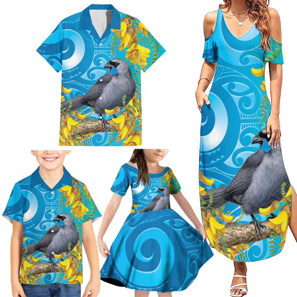 New Zealand Kokako Bird Family Matching Summer Maxi Dress and Hawaiian Shirt Maori Koru With Kowhai Flowers - Polynesian Pride